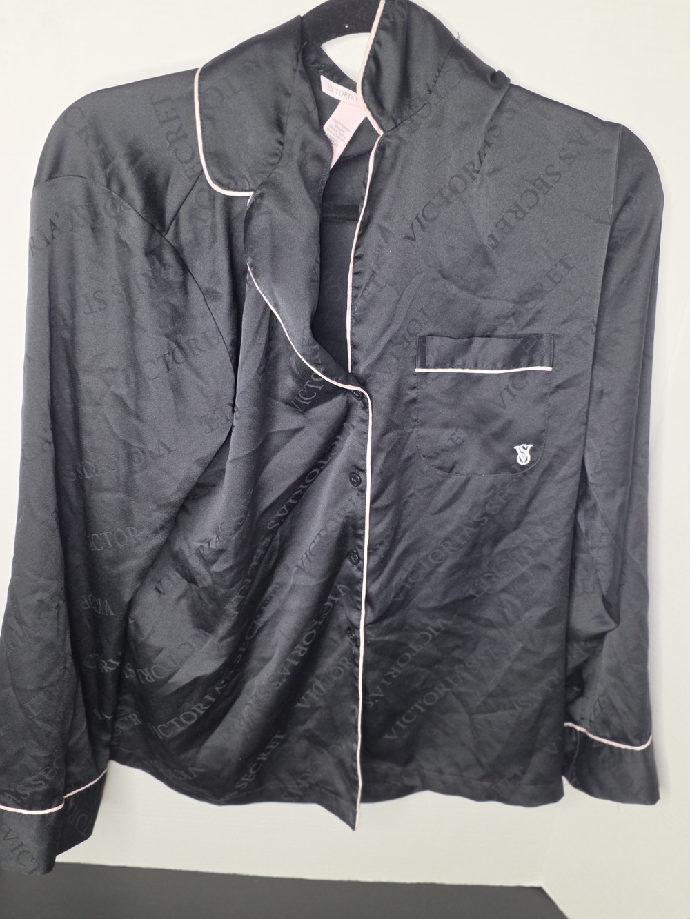 Victoria's Secret Black Satin Shirt with Pink Piping
